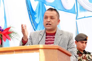 Nepali Congress leader Gagan Thapa speaking at a program organised to support quake-affected building of Central Deaf Higher Secondary School in Naxal on Monday, December 28, 2015. Photo: RSS